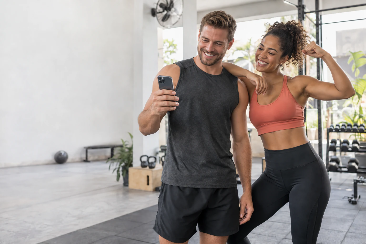 Illustrative scene: friends at the gym, him holding an iPhone and her posing for the check-in