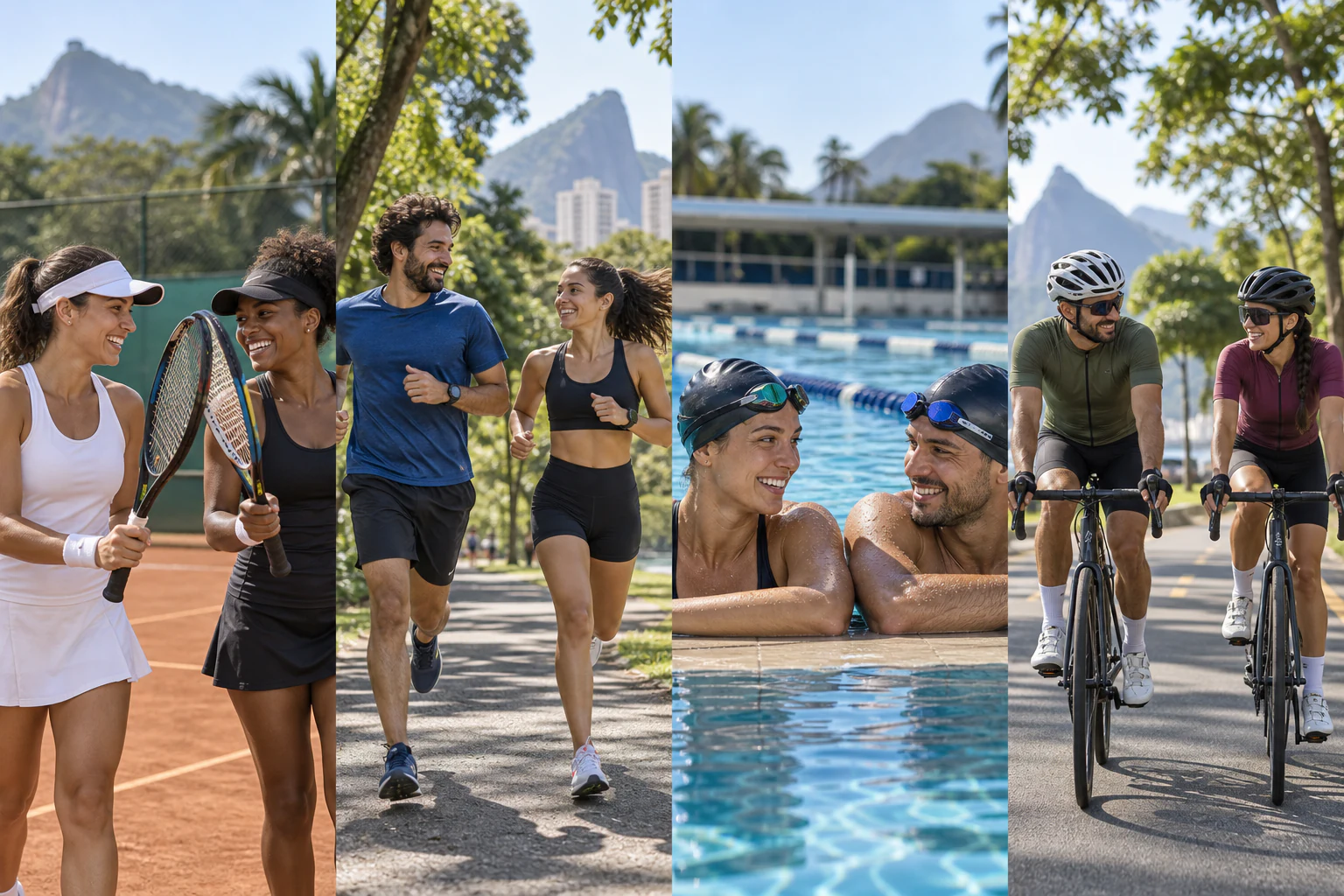 Illustrative scenes of friends playing tennis, running, swimming and cycling