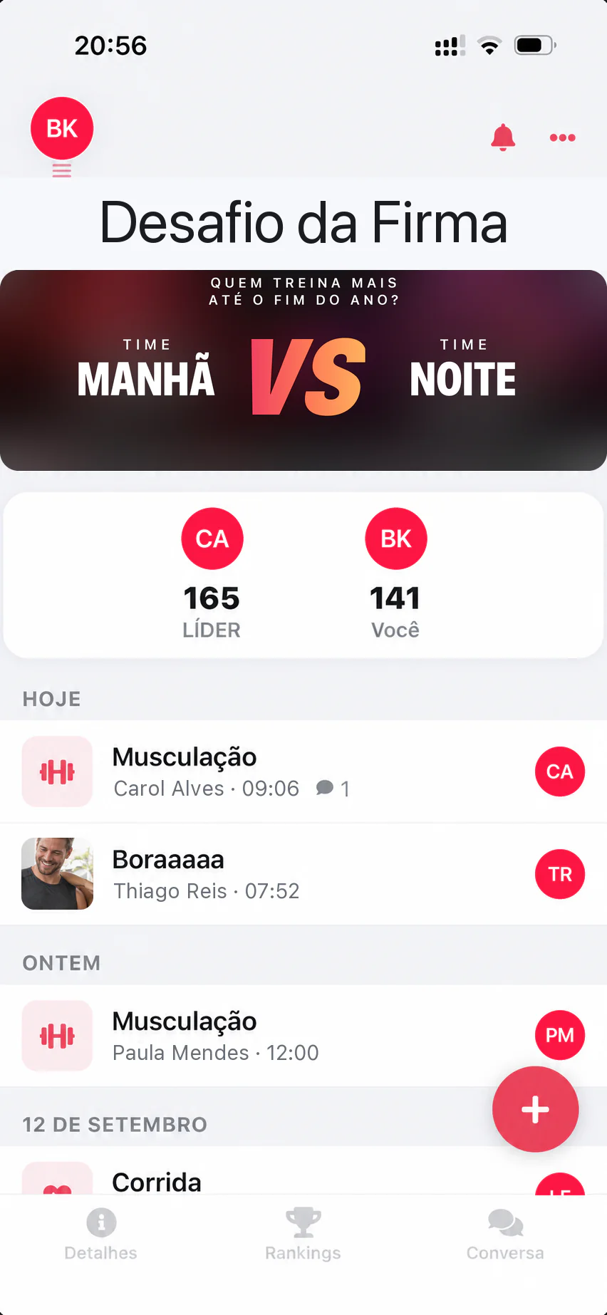 Illustrative office challenge with the leaderboard, recent workouts and fictional names