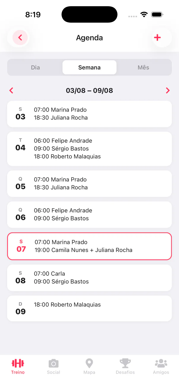 The week's schedule with each day's sessions and today highlighted