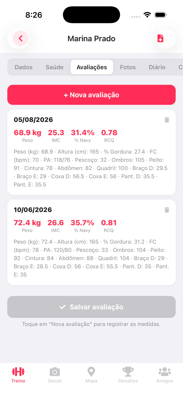 Two physical assessments in sequence, with weight, BMI, Navy percentage and waist-to-hip ratio