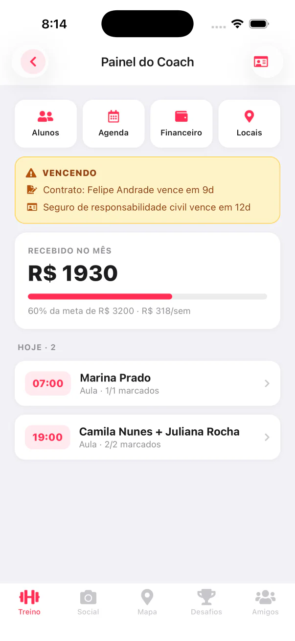 Coach dashboard with expiry alerts, income for the month and today's sessions
