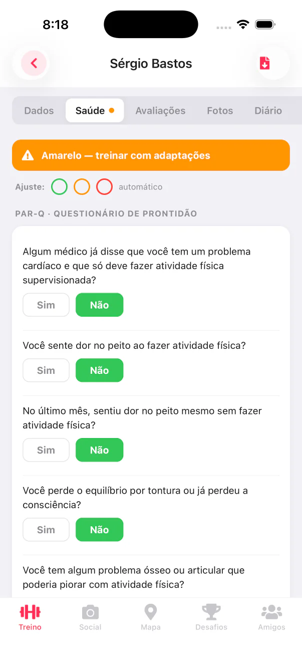 Health tab with the yellow attention level and the PAR-Q filled in