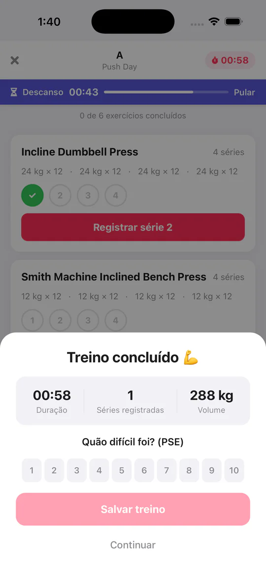 Workout summary with duration, sets, volume and the perceived effort scale