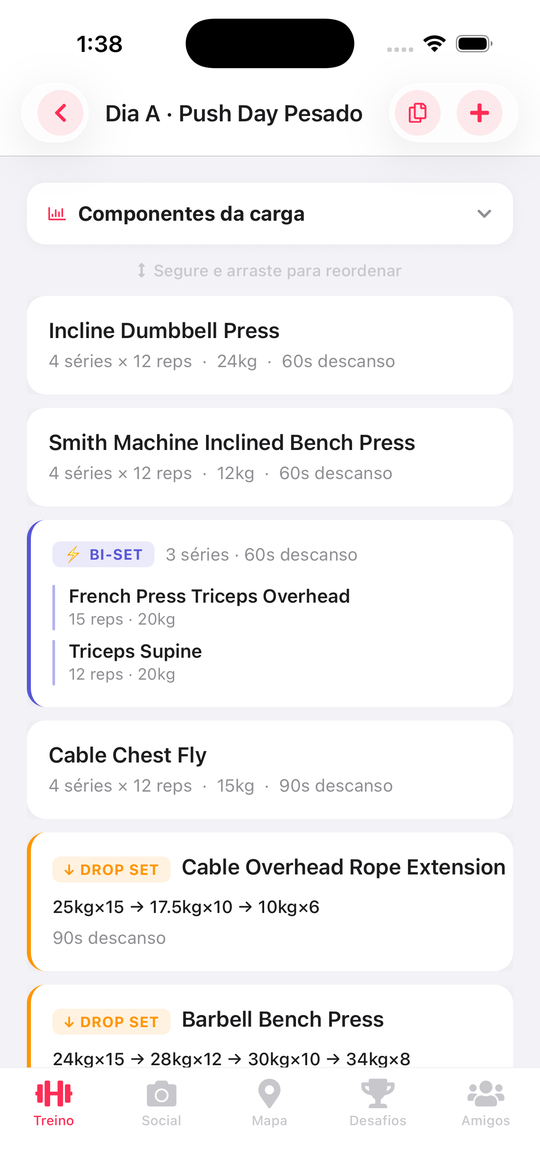 Day A screen with the exercise list, one superset and two drop sets