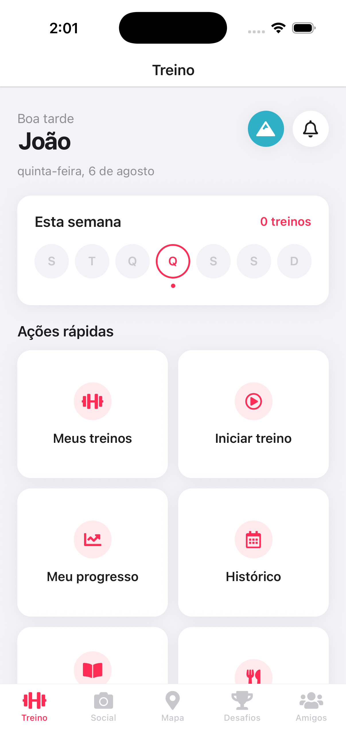 Tela inicial do PulsoGym com progresso da semana e treino do dia