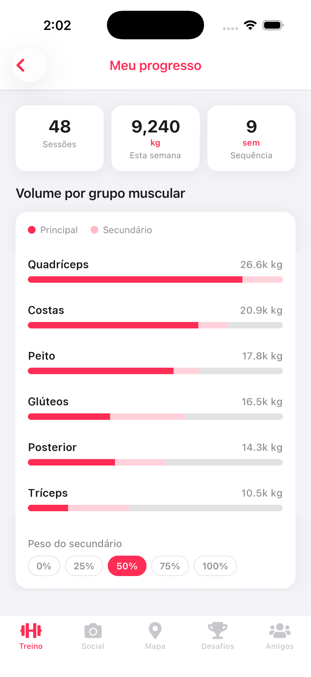 Tela de progresso do PulsoGym com volume e intensidade