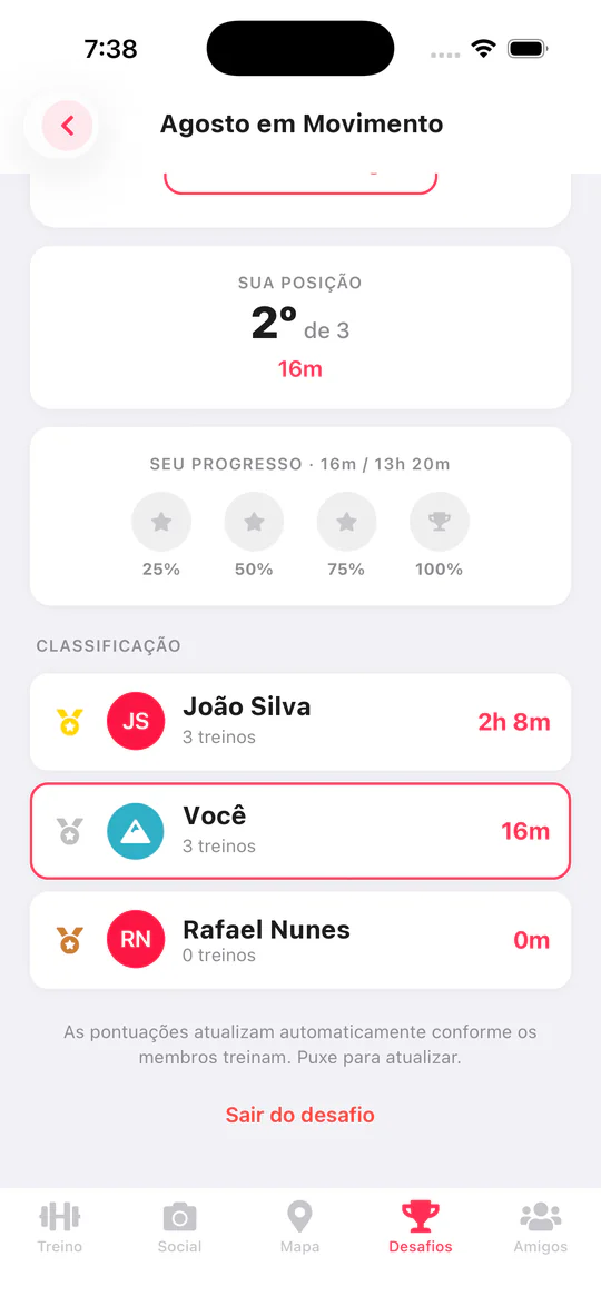 Live challenge with your position, progress milestones and the leaderboard