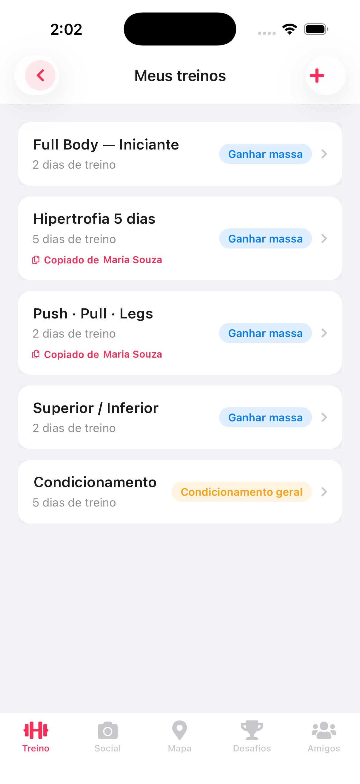 Lista de planos de treino no PulsoGym